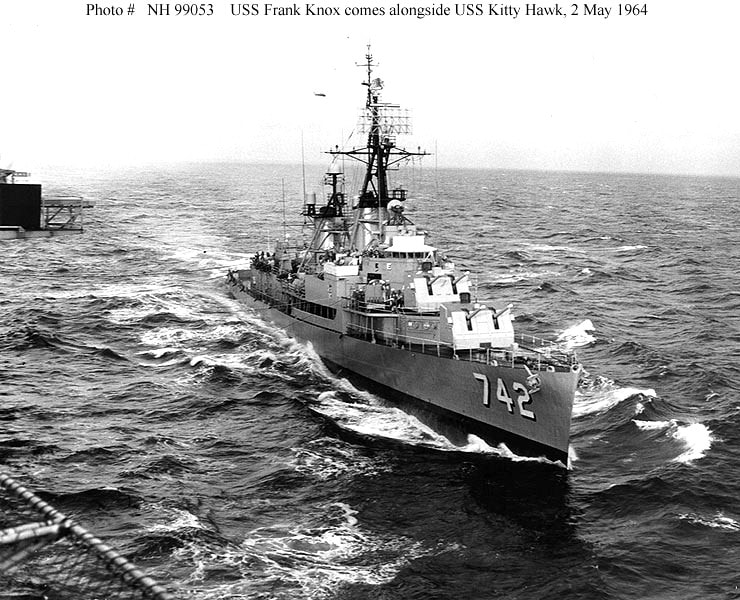  USS Frank Knox (DDR-742) Comes alongside USS Coral Sea (CVA-63), while operating at sea on 2 May 1964.