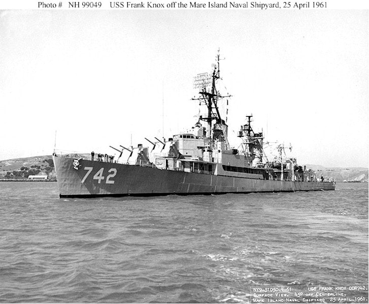 USS Frank Knox (DDR-742)Off the Mare Island Naval Shipyard, California, at the conclusion of her FRAM II modernization, 25 April 1961.Note that hull numbers painted on her bow have not yet had countershading applied.
